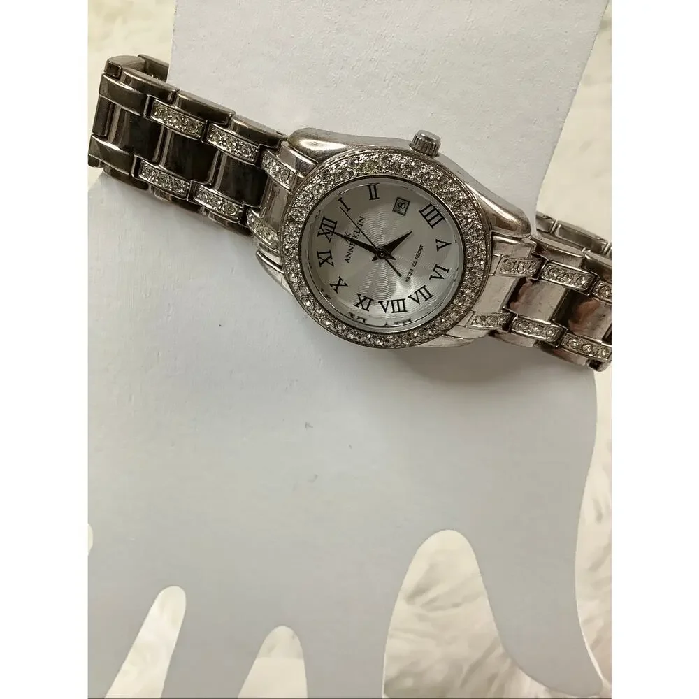 Anne Klein Silver Tone Crystal Bezel Roman Numerals Quartz Watch Elegant A4-32